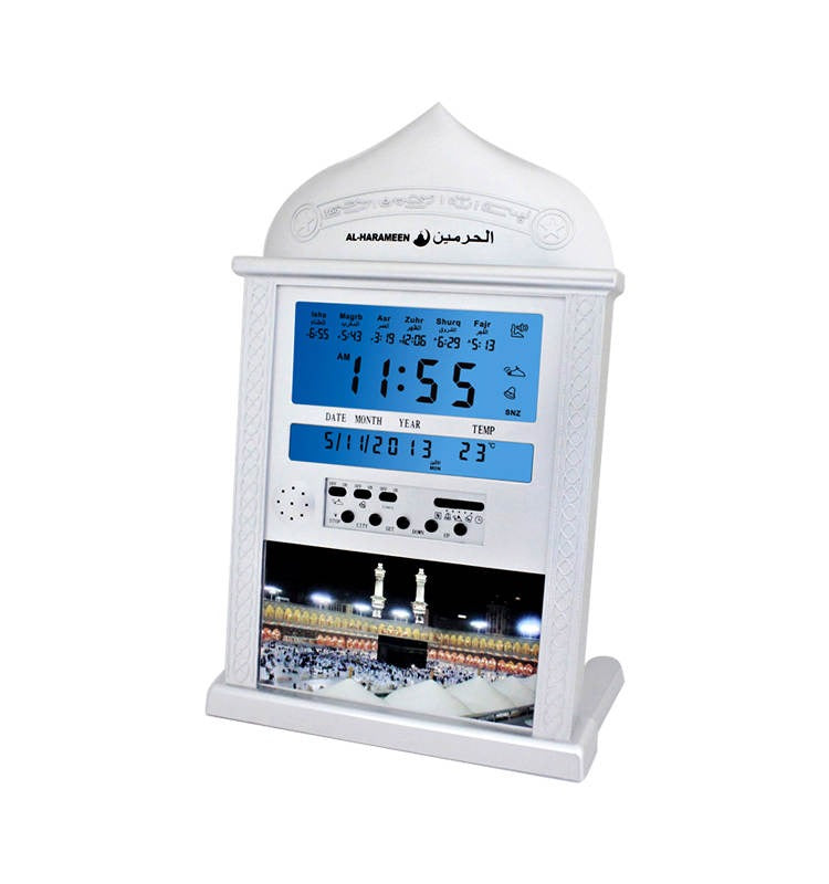 The Haramain muezzin clock is a digital alarm clock, an Islamic call to prayer