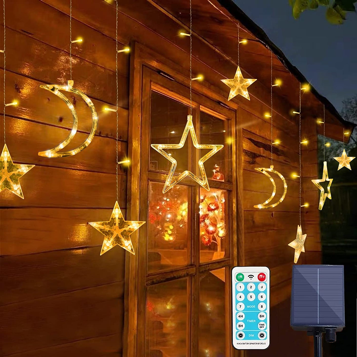 ستارة  ضوئي نجوم وهلال زينة رمضان تعمل على الطاقة الشمسة والكهرباء مع جهاز تحكم